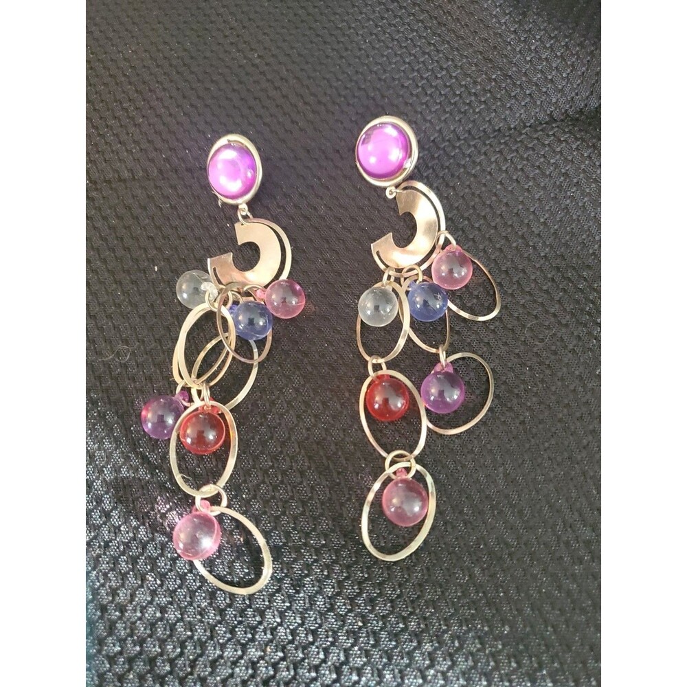 Vintage Earrings, Dangle Light Gold Color W/ Round Multicolor Beads Retro 80's